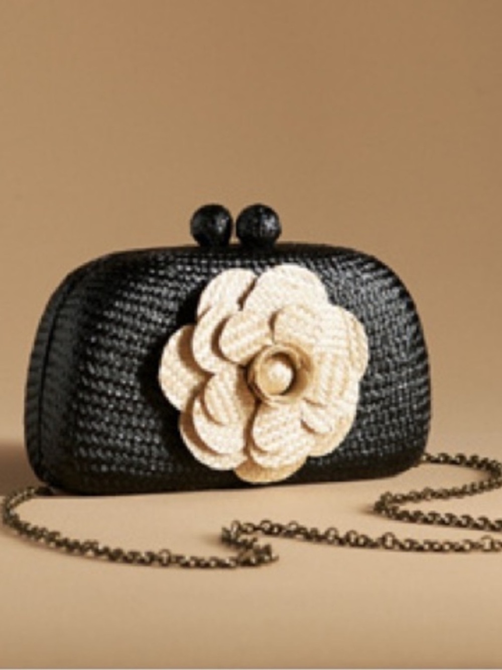 Serpui Anthropologie Black Woven Floral Accent Clutch with Chain Strap